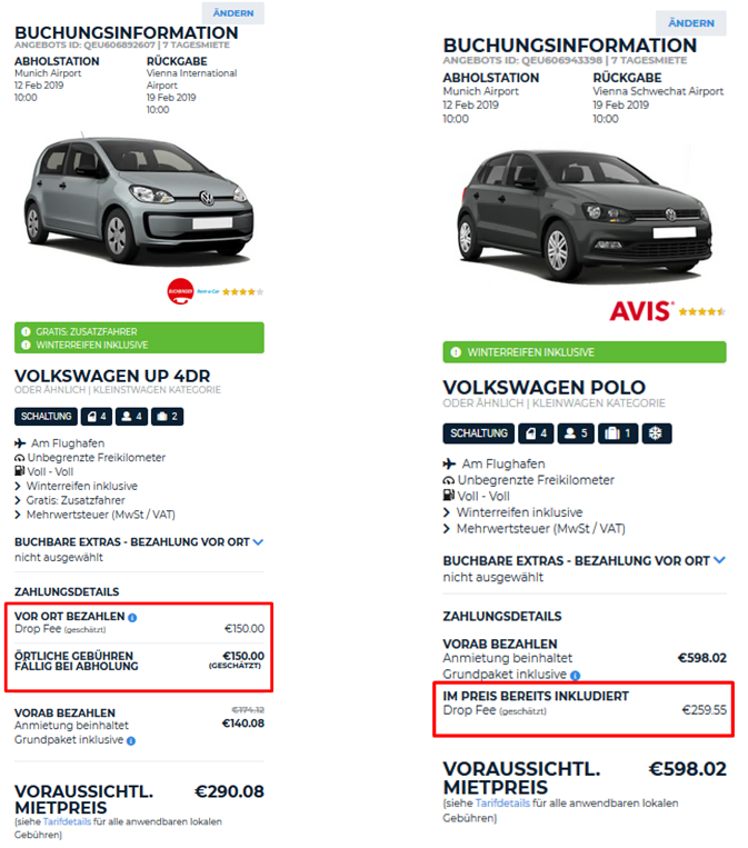 Einwegmiete Zahlungsdetails